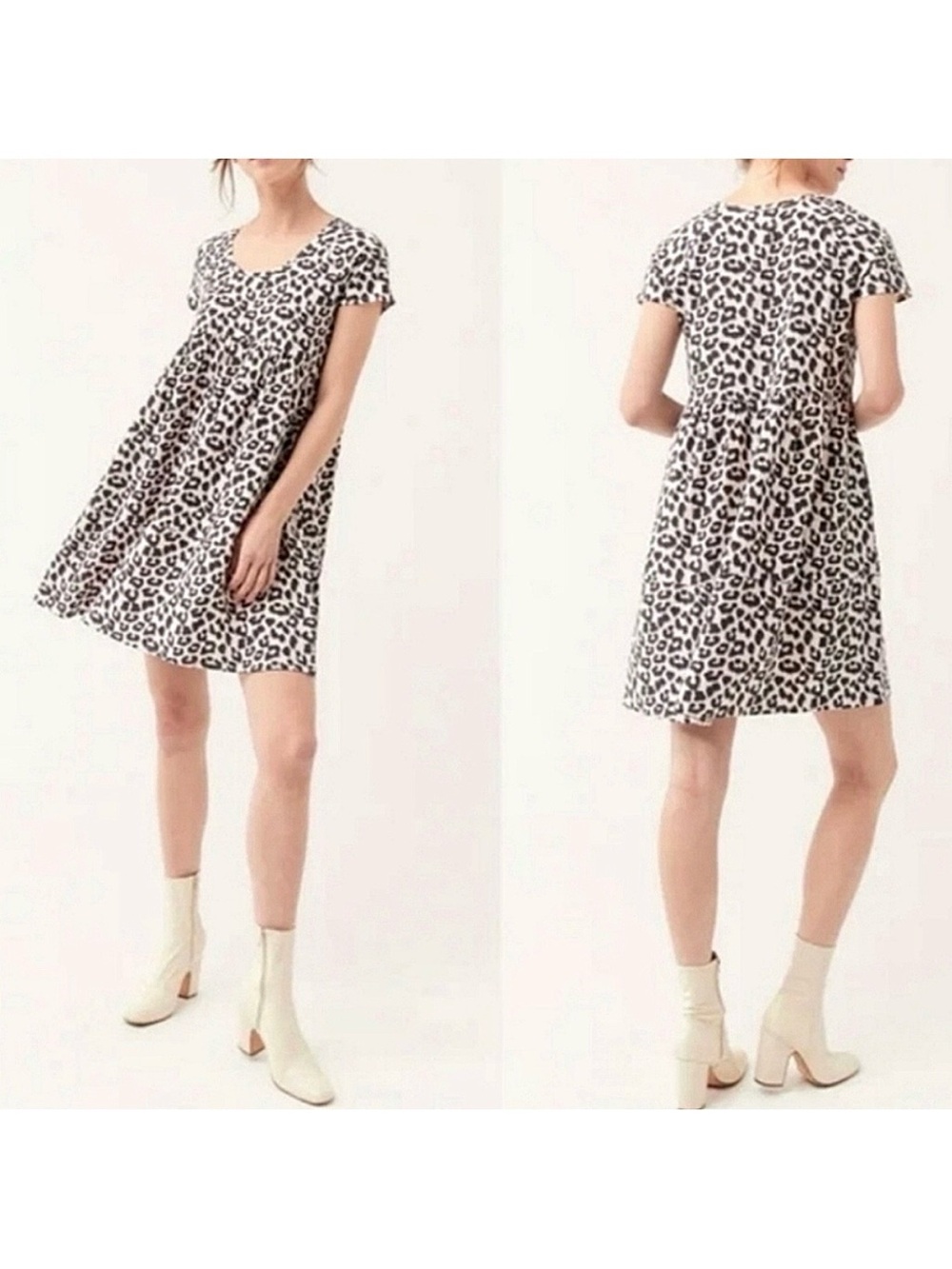 Pact Grey Leopard Print Organic Cotton Tiered V- Neck T-Shirt Dress Babydoll